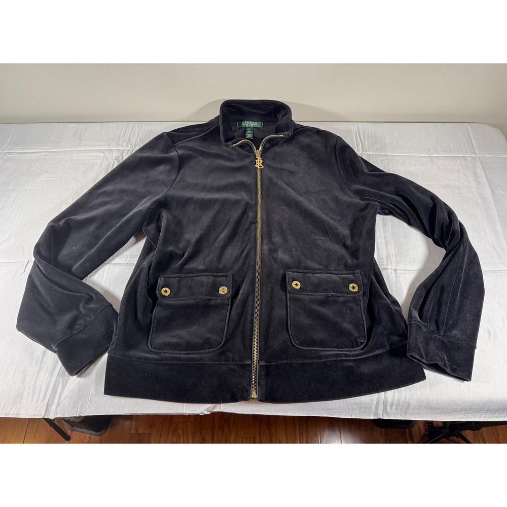 Lauren Ralph Lauren Petite Black Velour Zip Up Track Jacket Gold Monogram PL